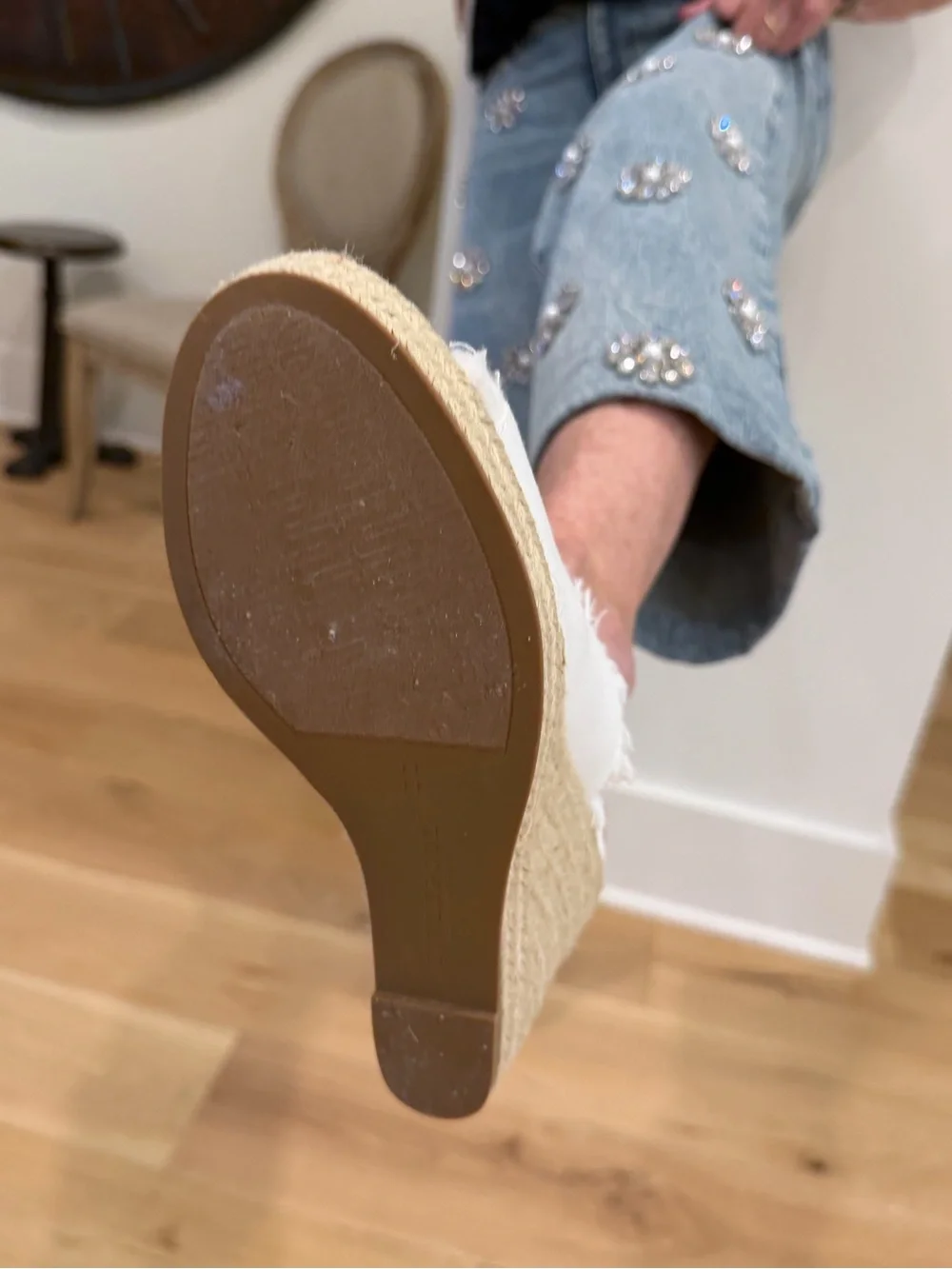 Liverpool White Frayed Espadrille Wedge Mules